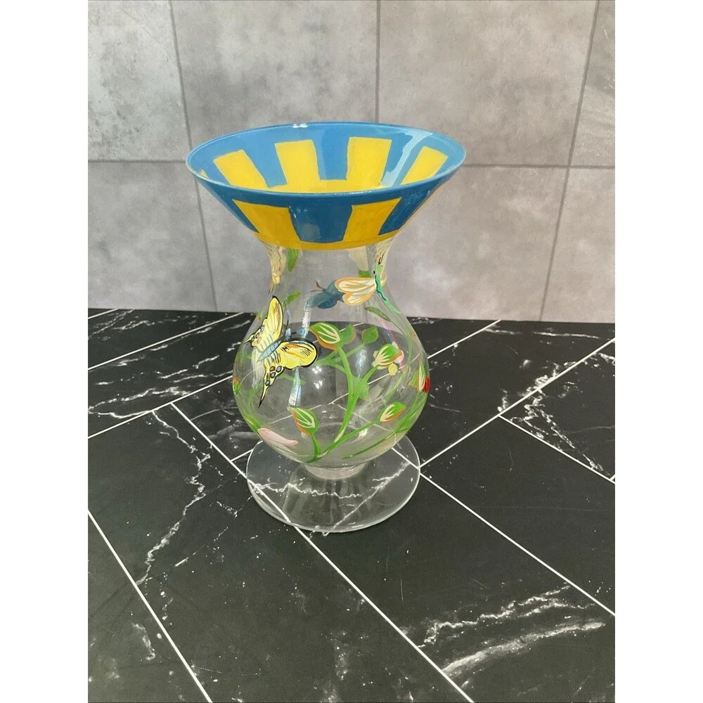 Butterfly Meadow Dragonfly Ladybug FlowerHand Painted Glass Vase 6”